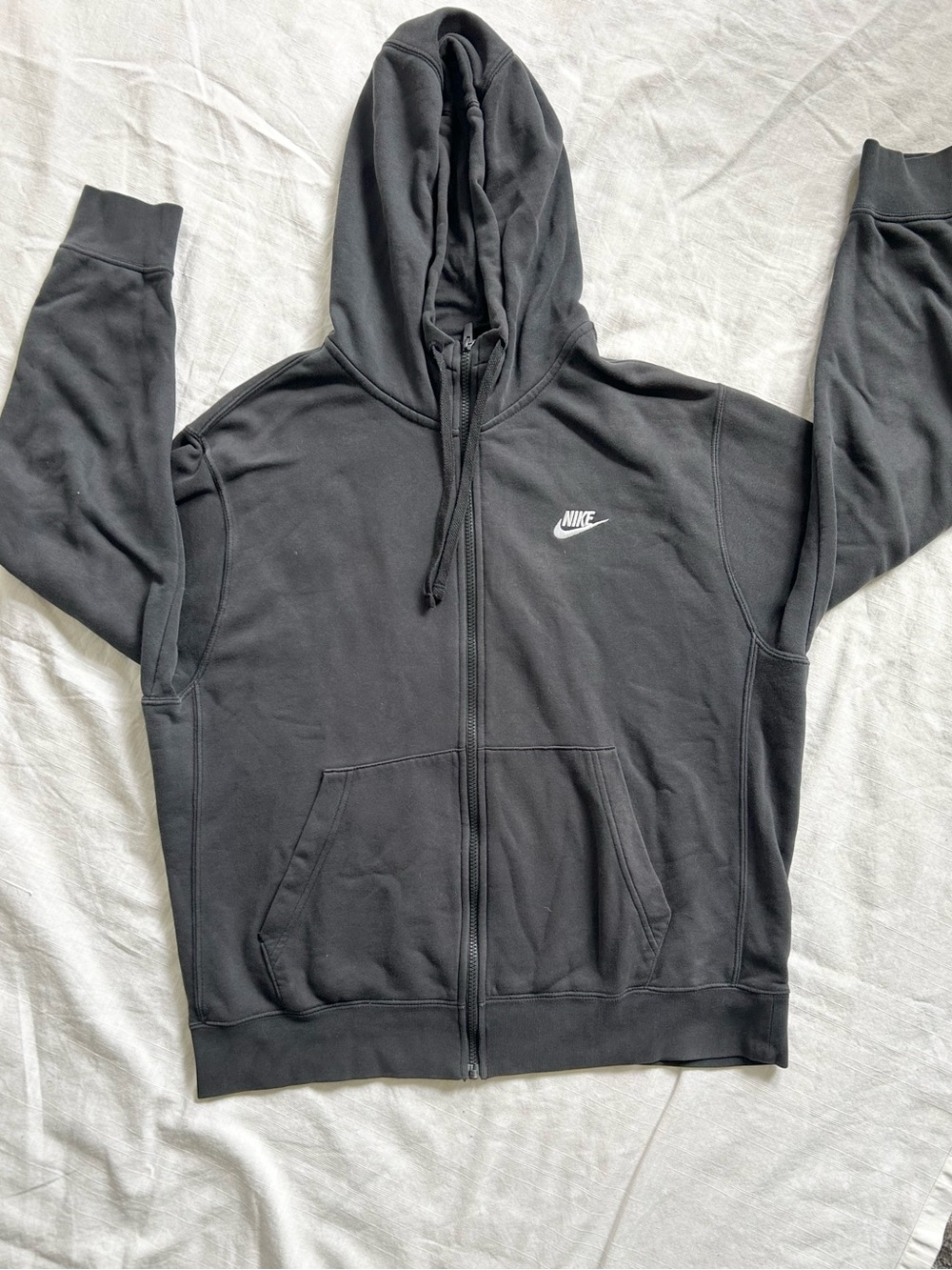 Nike Black Zip-Up Hoodie White Swoosh Logo Athletic Streetwear Jacket
